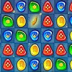 Kleurrijk puzzelspel met diverse symbolen zoals blauwe druppels, rode vlammen en gele sterren