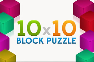 Gekleurde 3D-blokken rond de tekst 10x10 BLOCK PUZZLE op een witte achtergrond