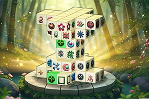 Mahjong tegels in een magisch bos met glinsterende lichteffecten