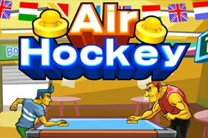 Twee geanimeerde personages spelen airhockey in een kleurrijke speelhal