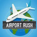 Wit vliegtuig vliegend over een gestileerde wereldbol met de tekst Airport Rush