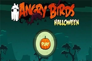 Halloween-thema startpagina van Angry Birds spel met een pompoen en spoken