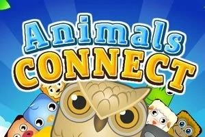 Kleurrijk logo van Animals Connect met een grote uil en verschillende andere schattige dieren op een blauwe achtergrond