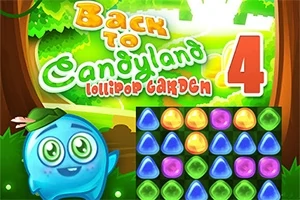 Promotieafbeelding voor Back to Candyland 4: Lollipop Garden met een vrolijke blauwe personage en een kleurrijk puzzelspel