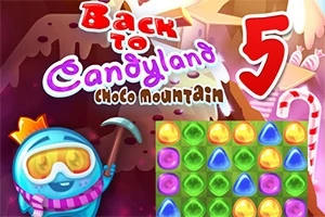 Kleurrijke afbeelding van het spel Back to Candyland 5: Choco Mountain met een karakter in een ruimtehelm en een 3x3 raster van snoepjes