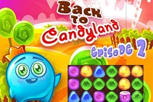 Kleurrijk spelbanner voor Back to Candyland: Episode 2 met een schattige blauwe personage en een puzzelspelbord