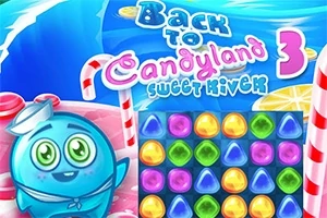 Promo afbeelding voor Back to Candyland 3: Sweet River spel met kleurrijke snoepjes en een schattig blauw personage