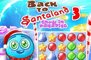 Promotieafbeelding voor het spel Back to Santaland 3: Snow in Paradise met kleurrijke kerstballen en een vrolijk cartoonfiguur