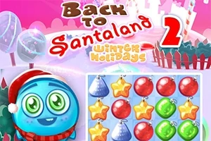 Kleurrijke afbeelding van het spel Back to Santaland 2 met een cartoon-achtige blauwe figuur en een puzzelspel met kerstornamenten