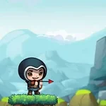 Animatie van ninja personage op een grasplatform en een gele ballon op een ander platform tegen een berglandschap