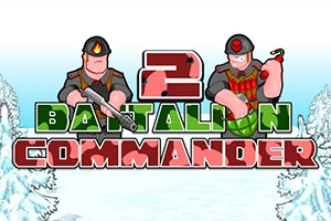 Banner van het spel 2 Battalion Commander met twee cartoon soldaten in een besneeuwd landschap