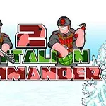 Banner van het spel 2 Battalion Commander met twee cartoon soldaten in een besneeuwd landschap