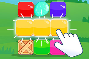 Kleurrijke puzzelblokken in een mobiel spel met een handcursor die een blok aanraakt
