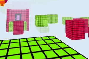 Abstracte 3D-kubusstructuren op een groen raster