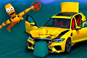 Gele crashtestauto met open deuren, beschadigde voorkant en een robotachtige bestuurder met stuurwiel