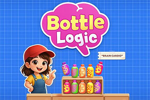 Cartoonmeisje met rode pet wijst naar kleurrijke flesjes op planken onder het logo Bottle Logic op een blauwe rasterachtergrond