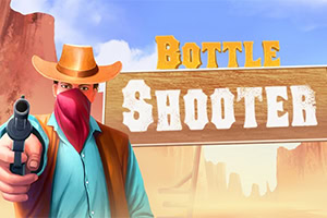Gestileerde cowboy met hoed en rode bandana richt een pistool in een woestijnlandschap met westernbord op de achtergrond