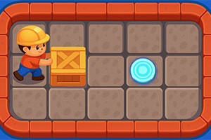 Tekenfilmfiguur met bouwhelm duwt een houten krat op een tegelvloer naast een blauw gloeiend doelwit
