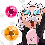 Brain Master Game for Genius Een cartoonachtige figuur met wit haar en bril, wijzend met zijn vinger, omgeven door kleurrijke, doorschijnende cirkels