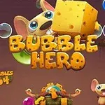 Promotiebeeld voor het spel Bubble Hero met schattige muizen en kaasblokjes tegen een fantasieachtergrond