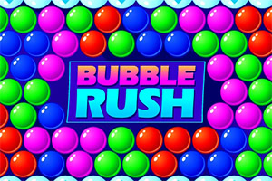 Kleurrijke glanzende bubbels rond een centraal logo met de tekst BUBBLE RUSH op een blauwe achtergrond