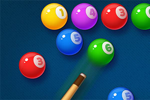 Gekleurde biljartballen en een keu op een blauw laken