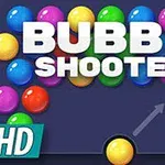 Kleurrijke Bubble Shooter HD spelinterface met veelkleurige bellen en een lanceerpictogram