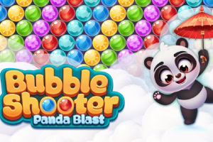 Kleurrijke Bubble Shooter-spelbanner met een schattige panda en veelkleurige bellen