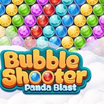 Kleurrijke Bubble Shooter-spelbanner met een schattige panda en veelkleurige bellen