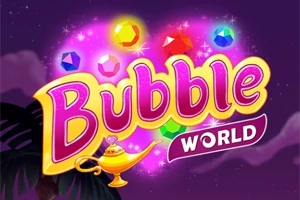 Kleurrijk logo van Bubble World met sprankelende juwelen en een magische lamp op een donkere achtergrond met palmbomen