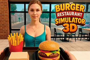 Vrouw achter een dienblad met hamburger en friet in een restaurant, met grote tekst Burger Restaurant Simulator 3D