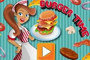 Cartoon van een serveerster met hamburger op een dienblad naast Burger Time logo en speelknop