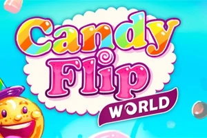 Kleurrijk logo van Candy Flip World met vrolijke cartoon snoepjes op een blauwe achtergrond