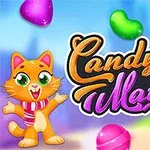 Kleurrijke snoepjes en een vrolijke oranje kat bij het logo van Candy Match 2 op een helderblauwe achtergrond