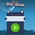 Animerend karakter van een mobiel spel met de titel Candy Slip & Slide en een speelknop