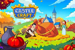 Kleurrijke cartoonafbeelding van Castle Craft met een ridder, prinses en een gigantische pompoen in een middeleeuws landschap