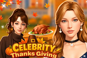 Twee stijlvolle vrouwen met herfstbladeren, een gebraden kalkoen en de tekst Celebrity Thanksgiving tegen een warme feestelijke achtergrond