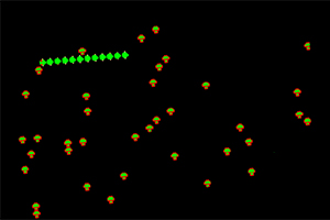 Retro arcade game scherm met groene en rode pixels op een zwarte achtergrond