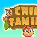 Illustratie van een eekhoornfamilie met een bord met Chip Family erop, tegen een luchtachtergrond