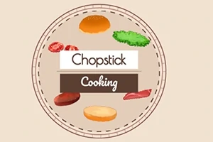 Verschillende Aziatische ingrediënten rondom het logo Chopstick Cooking op een beige achtergrond