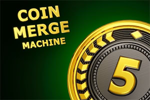 Gouden munt met het cijfer 5 naast gele tekst Coin Merge Machine op een donkergroene achtergrond