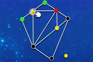 Diagram met verbonden zwarte, groene, gele en rode knooppunten op een blauwe achtergrond, met een handcursor bij een geel punt