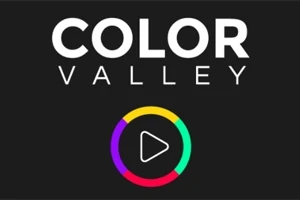 Logo van Color Valley met kleurrijk cirkelvormig pictogram en afspeelknop op een zwarte achtergrond