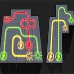 Drie elektronische circuits in de vorm van de letters A, M, I met fluorescerende paden en symbolen op een donkere achtergrond