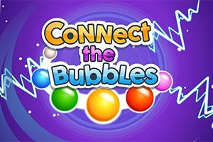 Kleurrijke tekst Connect the Bubbles met glanzende bubbels op een paarse wervelende achtergrond
