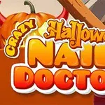 Halloween-thema spelbanner voor Crazy Halloween Nail Doctor met pompoenen en griezelige decoraties