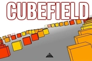 Abstracte afbeelding van het spel Cubefield met een rij van kleurrijke blokken en een pijl in een 3D-perspectief