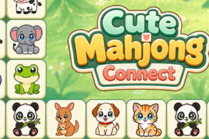 Logo met de tekst Cute Mahjong Connect, omringd door tegels met schattige dieren zoals panda’s, een olifant, kikker, eekhoorn, hond en kat tegen een groene bamboeachtergrond