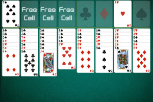 Schermopname van een spel Freecell solitaire met kaarten op een groene achtergrond