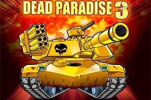 Gele tank met meerdere wapens tegen een explosieve achtergrond met de tekst Dead Paradise 3